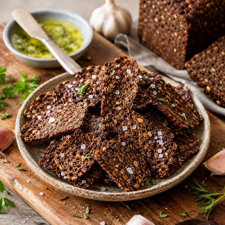 Knusprige Cracker aus Terjung Ölsaaten-Otto mit Knoblauchbutter und Meersalz