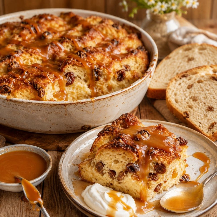 Warmer Bread Pudding aus Terjung Rosinenstuten mit goldener Kruste