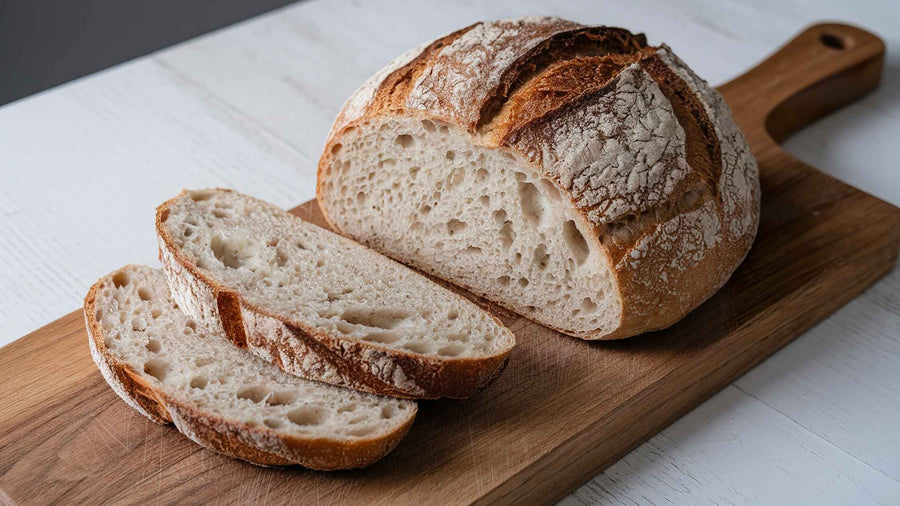 Sauerteigbrot auf Holzbrett als Ratgeberbild zum Sauerteig Brot kaufen