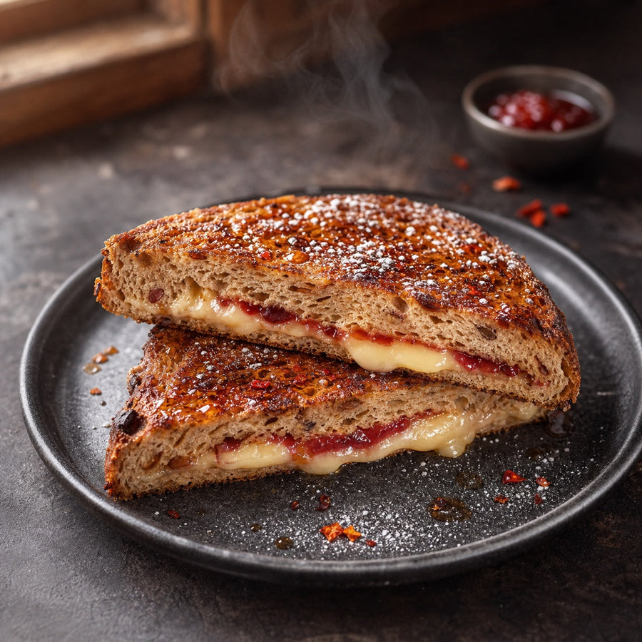 Monte-Cristo-Sandwich aus Dattel-Schinken-Brot mit Brie, roter Konfitüre und Chili-Honig