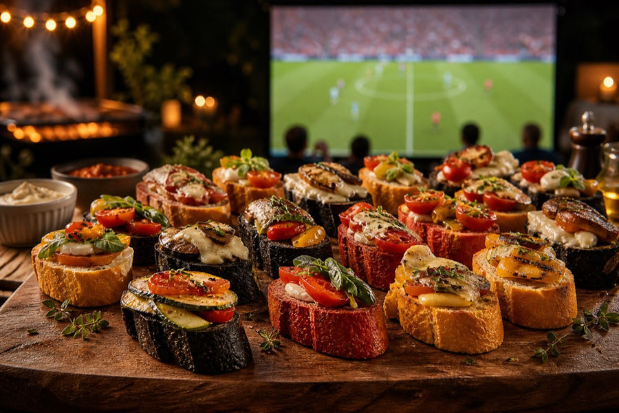 Deutschland-Baguette Sandwich-Happen mit schwarzem, rotem und gelbem Baguette auf einem Grilltisch vor Fußball-Leinwand