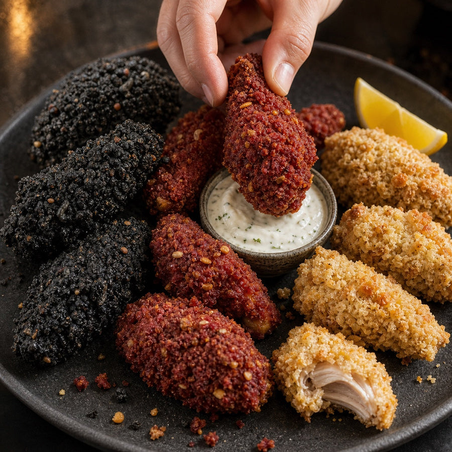 Knusprige Chicken Wings in Schwarz, Rote-Bete-Rot und Hell mit Kräuterdip