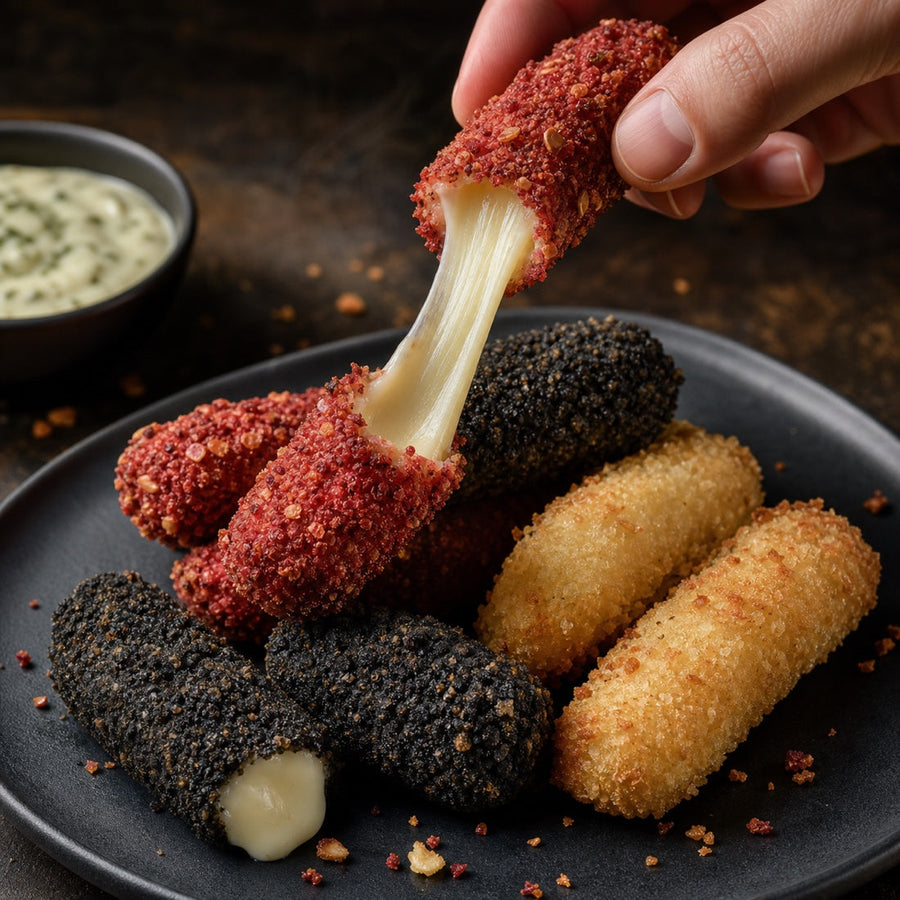 Dreifarbige Mozzarella Sticks mit schwarzer, Rote-Bete-roter und heller Panade beim Cheese-Pull