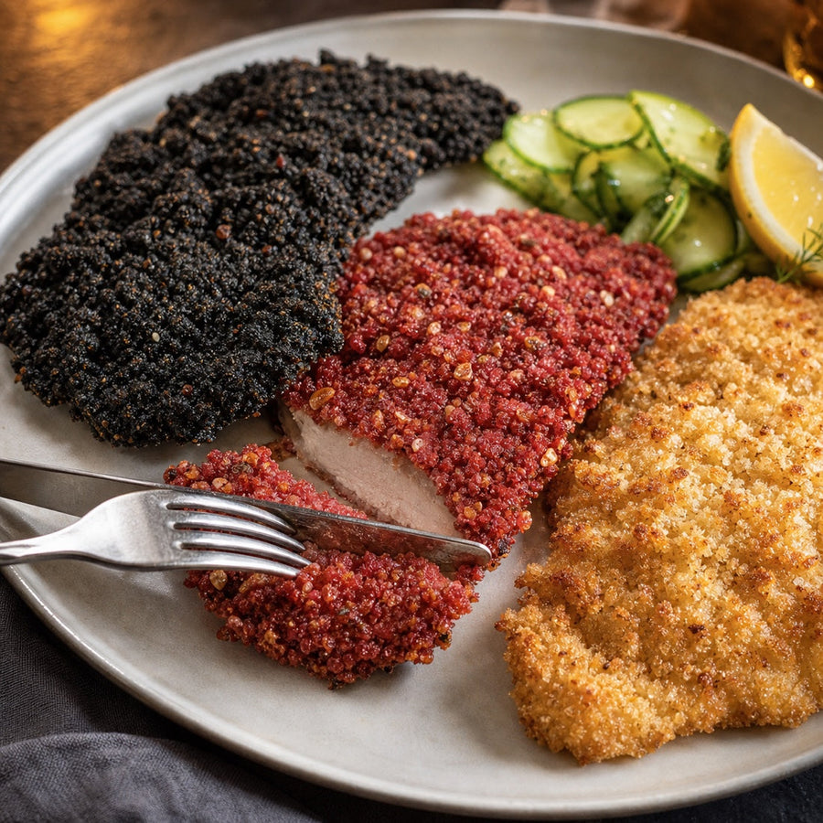 Drei knusprige Schnitzel mit schwarzer, Rote-Bete-roter und heller Panade