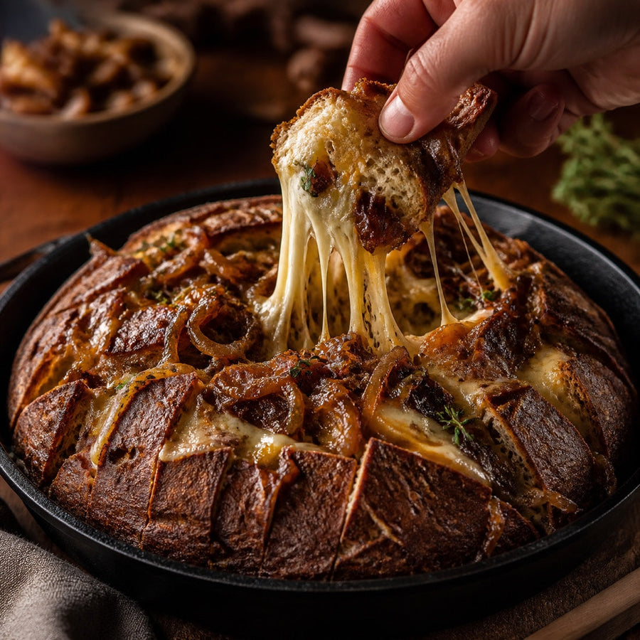 Dinkel-Ruchmehl Pull-Apart-Brot mit karamellisierten Zwiebeln und geschmolzenem Käse