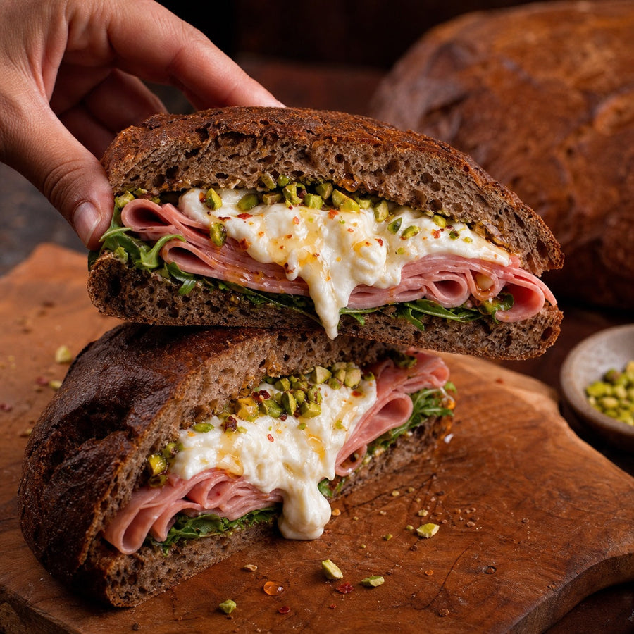 Mortadella-Burrata-Sandwich aus Dinkel-Ruchmehl-Brot mit Pistazien, Rucola und Hot Honey