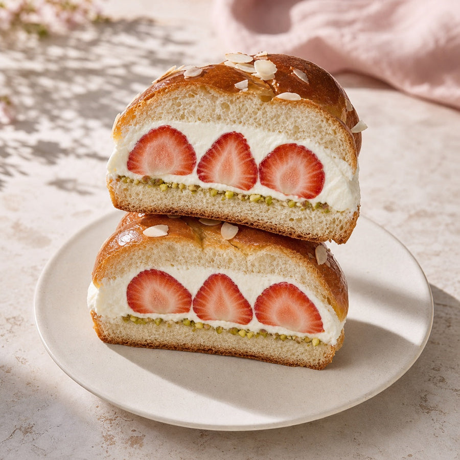 Hefezopf-Erdbeer-Cream-Sando mit Vanillecreme, drei Erdbeeranschnitten und Pistazien-Crunch