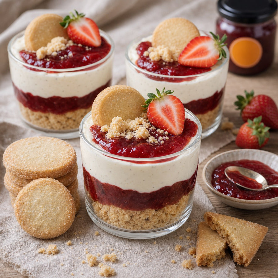 Heidesand Erdbeer-Cheesecake Cups mit Terjung Erdbeer-Konfitüre