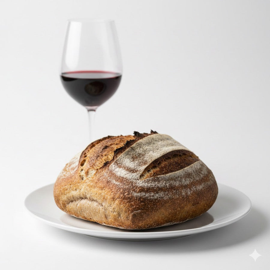 Handwerksbrot mit Rotwein als Begleiter zu Käseplatte und Brotzeit
