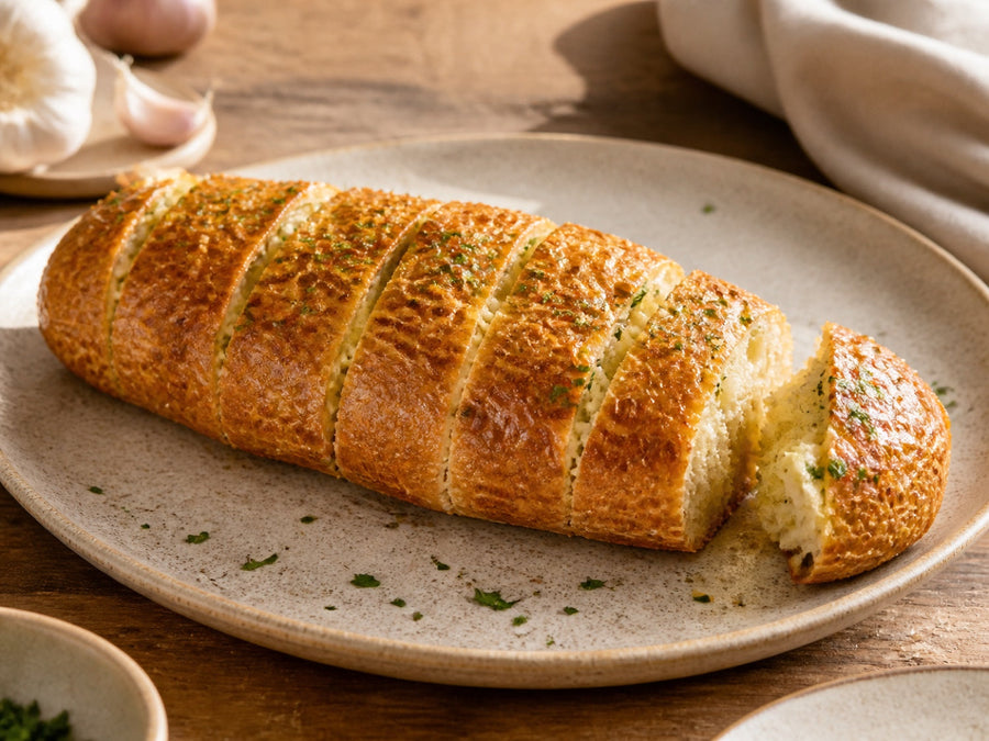 Knuspriges Knoblauchbrot aus Indonesischem Baguette mit geschmolzener Knoblauchbutter und Petersilie