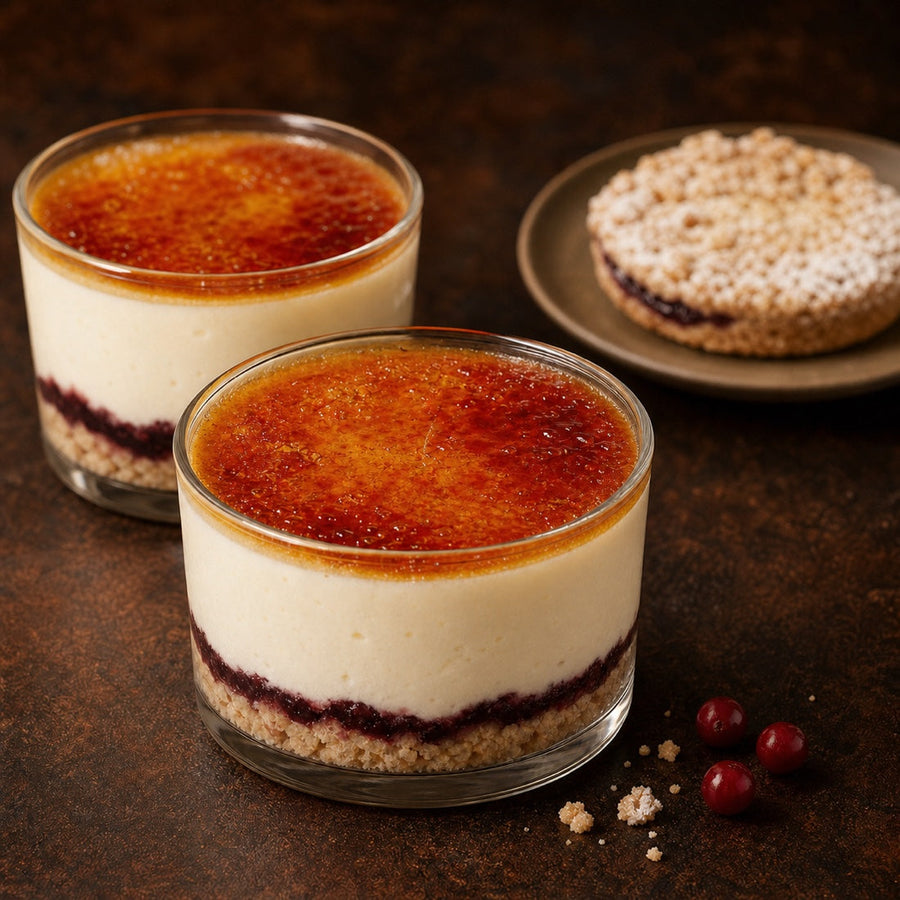 Linzer-Törtchen Cheesecake Cups mit Wildpreiselbeer-Schicht und karamellisiertem Crème-brûlée-Deckel