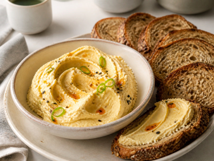 Luftig aufgeschlagene Miso-Butter mit Sesam und Frühlingszwiebeln neben geröstetem Saatenbrot