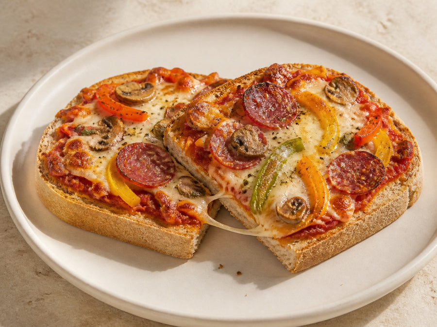 Zwei Pizza-Toasts aus Dinkelvollkorn-Toast mit Mozzarella, Paprika, Pilzen und Salami