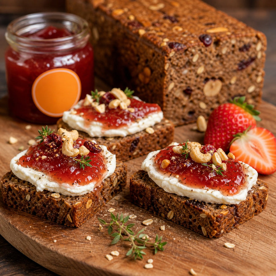 Saftkorn Cashew-Cranberry Crostini mit Erdbeer-Konfitüre und Käse
