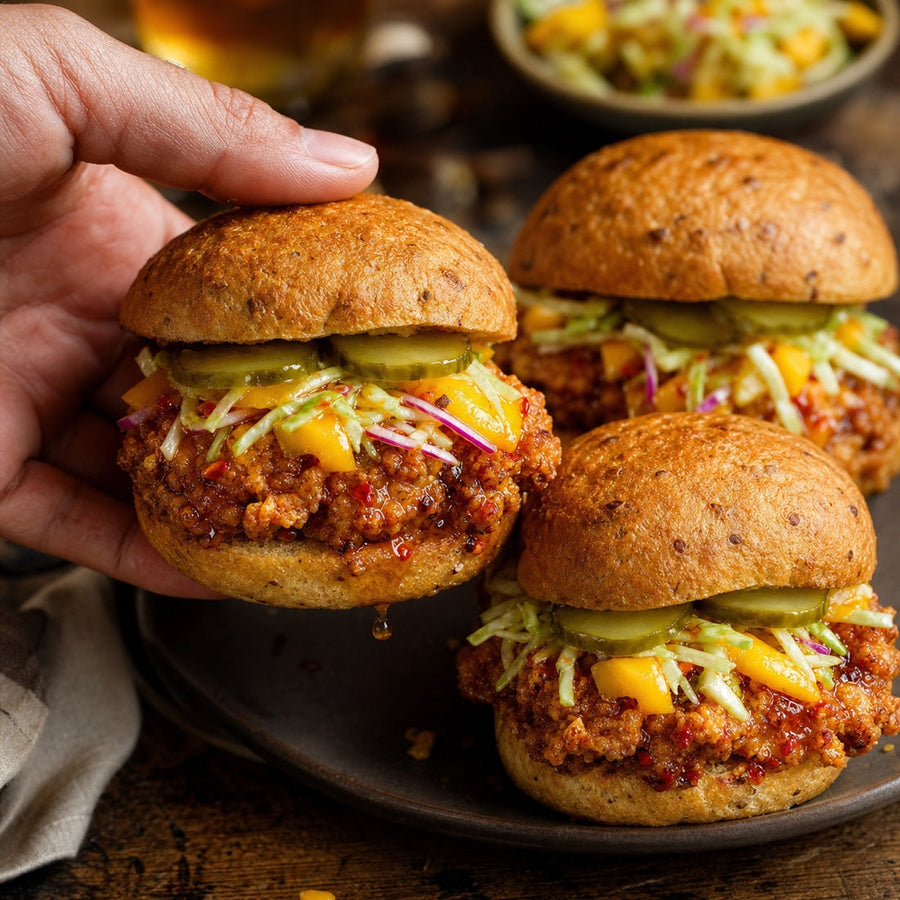 Mango-Hot-Honey Chicken Slider im Scharfe-Terjungs-Brötchen mit knusprigem Hähnchen und Pickles