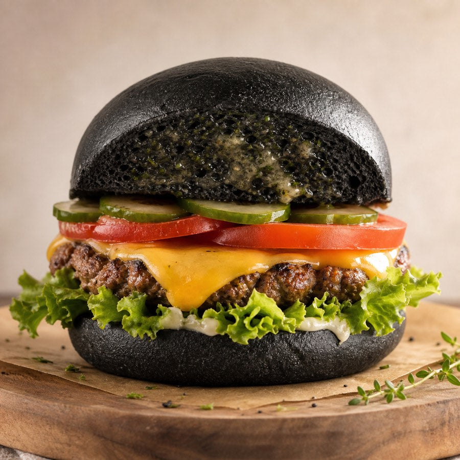 Schwarzer-Kumpel-Burger mit schwarzem Kohle-Brötchen, Käse, Tomate, Gurke und Salat