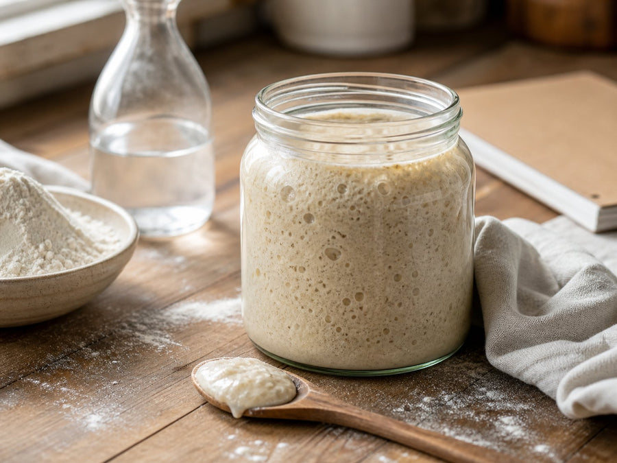 Sauerteig im Glas mit Mehl, Wasser und Holzlöffel auf einer Backstuben-Arbeitsfläche