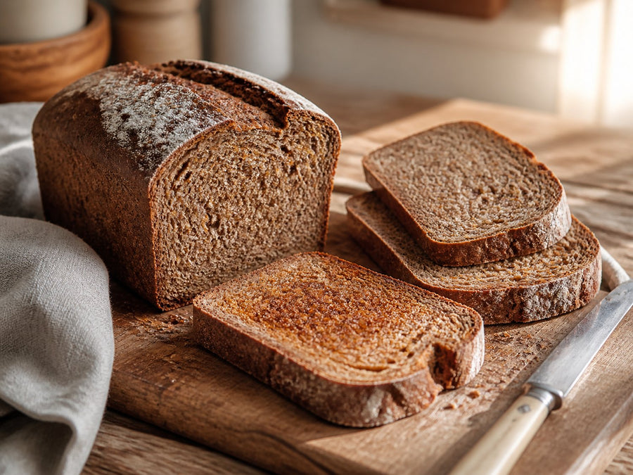 Dinkelvollkorn-Toastbrot mit Sauerteig, dunkler Krume und rustikaler Kruste auf einem Holzbrett