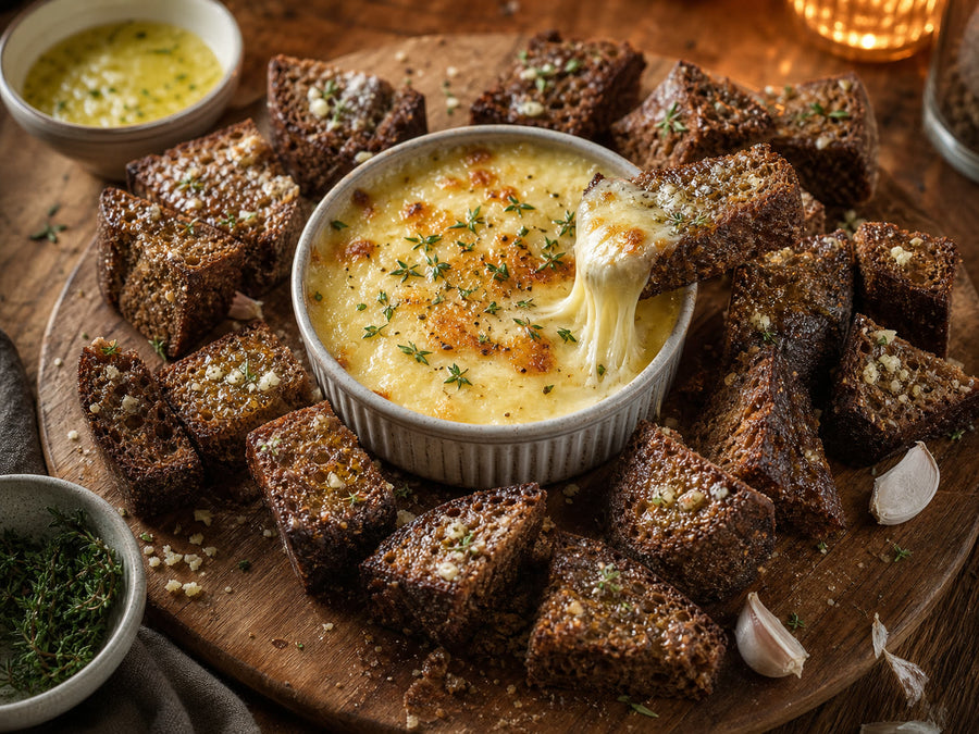 Bierbrot Cheese-Dip-Bites mit Knoblauchbutter und warmem Käse-Dip
