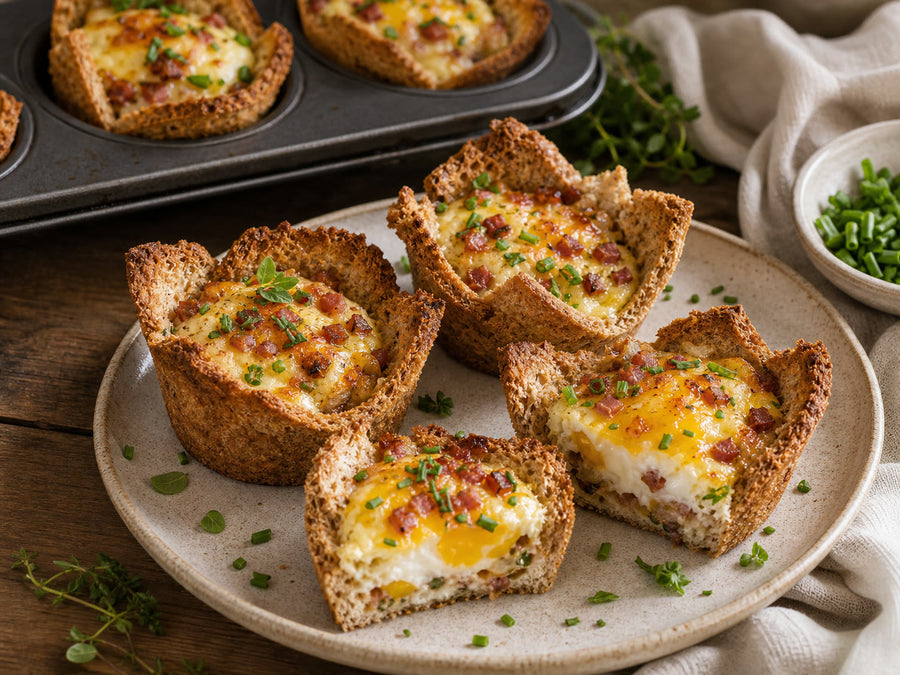 Dinkeltoast-Muffin-Cups mit Ei, Käse und Schinken-Zwiebel-Butter