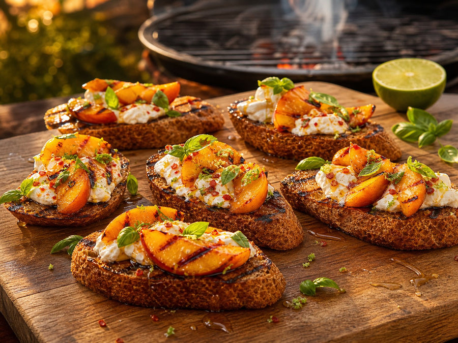 Gegrillte Pfirsich-Burrata-Crostini auf Indonesischem Baguette mit Chili und Limette