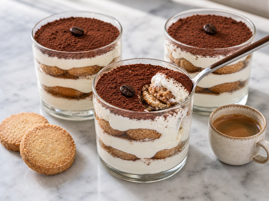 Joghurt-Tiramisu im Glas mit Terjung Heidesand, Espresso und Kakao