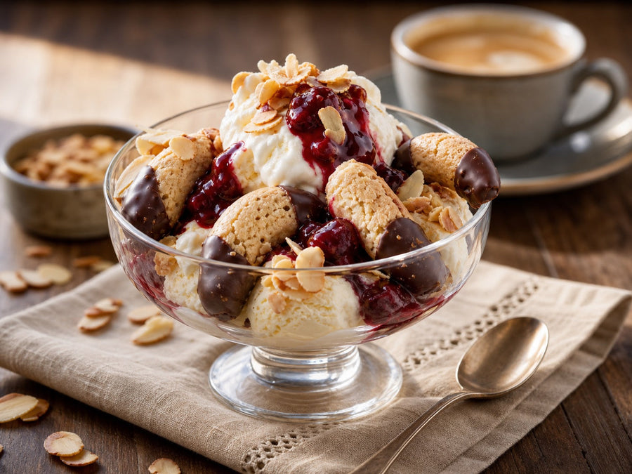 Mandelhörnchen-Eisbecher mit warmen Beeren, Vanilleeis und Mandelblättchen