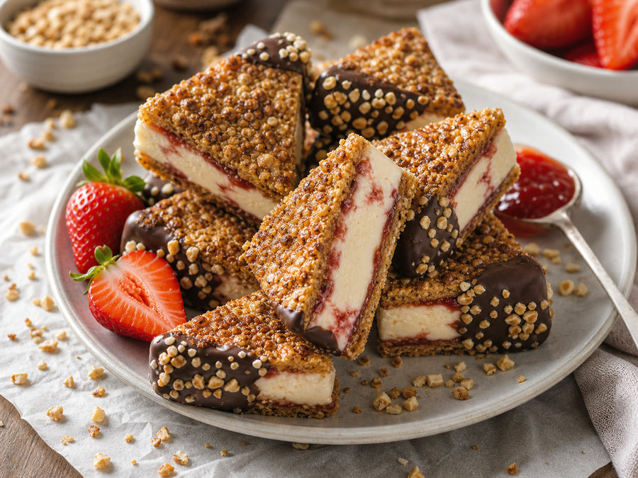 Nussecken Eis-Sandwich-Bites mit Erdbeer-Swirl und Schokolade