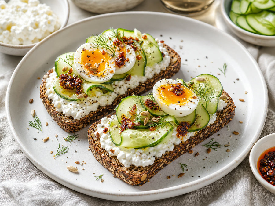Ölsaaten-Otto Cottage-Cheese-Crunch-Toast mit Gurke, Ei und Chili-Crunch