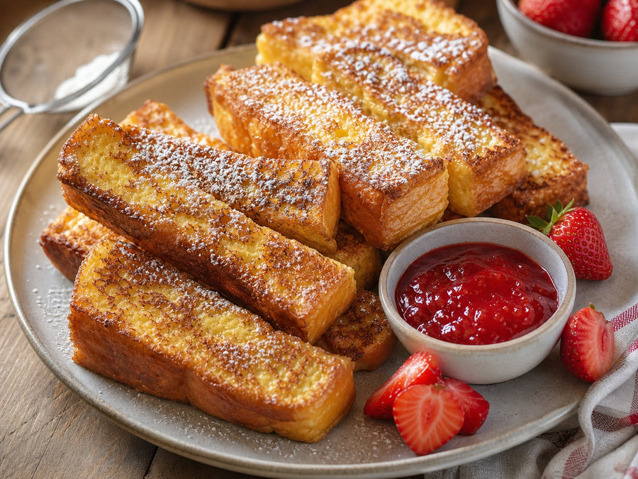 Hefezopf French-Toast-Sticks mit Erdbeer-Dip und Puderzucker