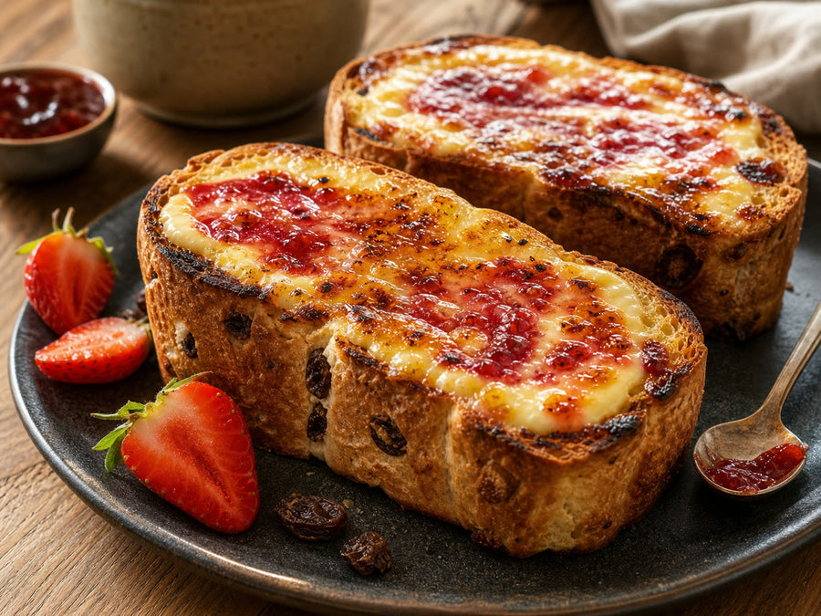 Rosinenstuten Crème-brûlée-Toast mit Erdbeer-Konfitüre