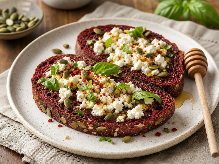 Rote-Beete-Brot Hot-Honey-Feta-Toast mit Feta, Chili, Kräutern und Honig