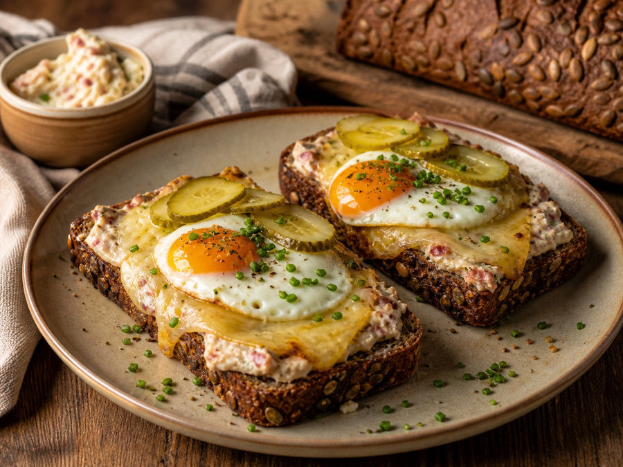 Saftkorn Lupine Ofenstullen mit Schinken-Zwiebel-Butter, Käse, Ei und Gurke