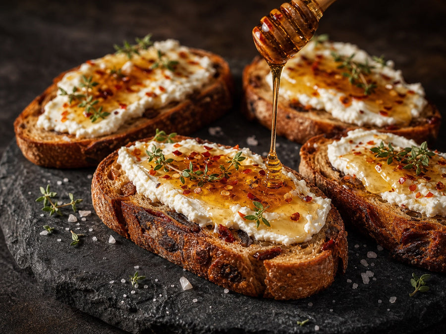 Swicy Toast: geröstetes Dattel-Schinken-Brot mit Ziegenkäse und Hot Honey
