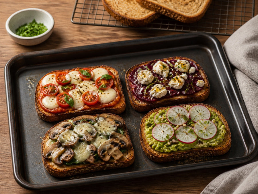 Vier überbackene Toasts mit Tomate, Rote Bete, Pilzen und grünem Aufstrich auf einem Backblech