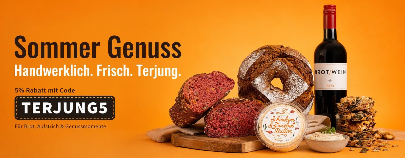 Rote-Bete-Brot und Brotwein Weiß auf Terjung-Orange