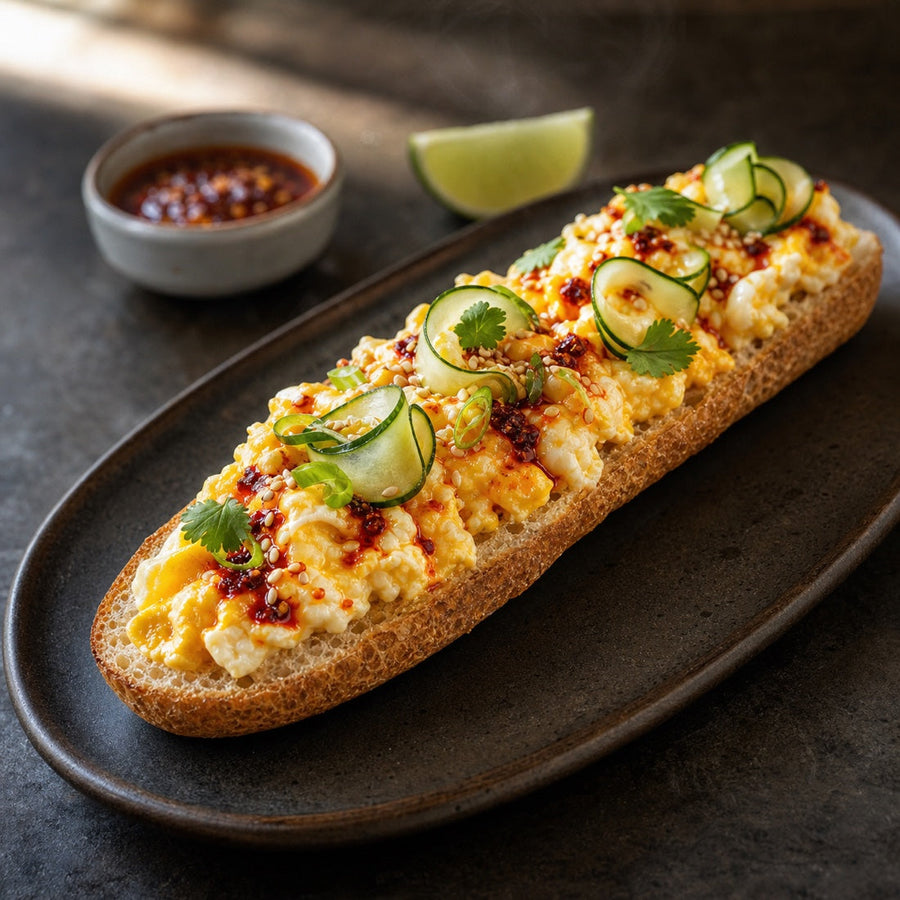 Offenes Indonesisches Baguette mit cremigen Frambled Eggs, Chili Crisp und Gurken-Pickles