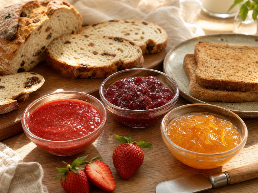Drei Fruchtaufstriche mit glatter, stückiger und geleeartiger Textur neben Rosinenstuten, Toast und Erdbeeren