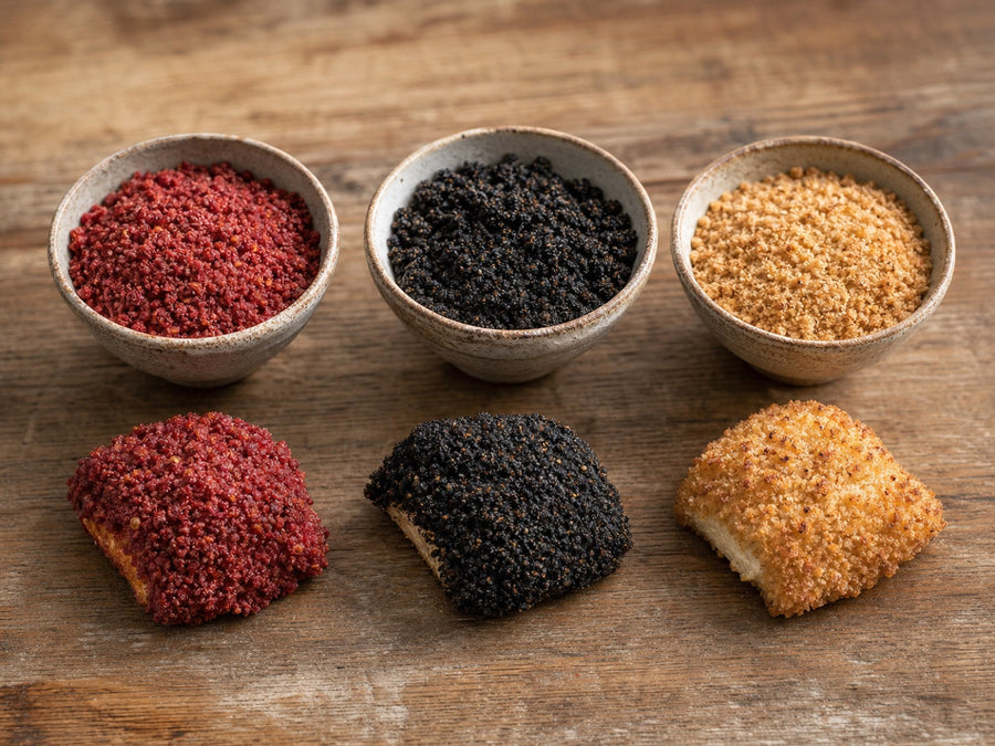 Rotes, schwarzes und traditionelles Paniermehl mit drei knusprig panierten Happen im Vergleich