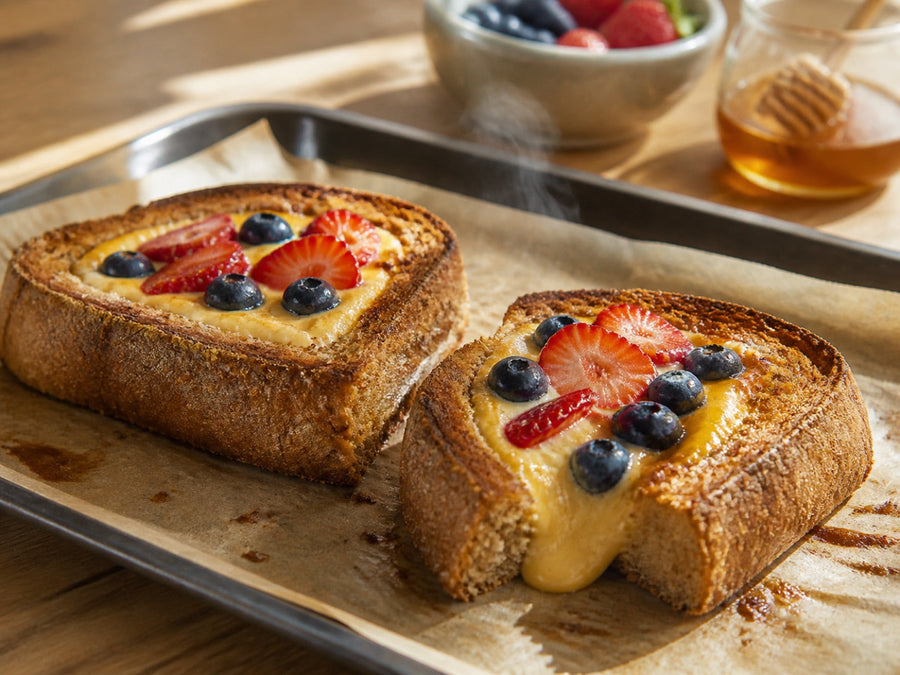 Custard Toast: Dinkelvollkorn-Toastbrot mit gebackener Joghurt-Creme und Beeren