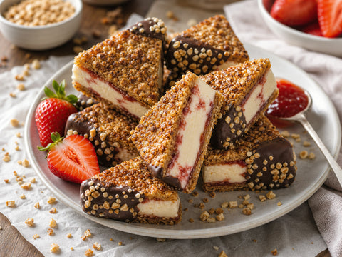 Nussecken Eis-Sandwich-Bites mit Erdbeer-Swirl und Schokolade