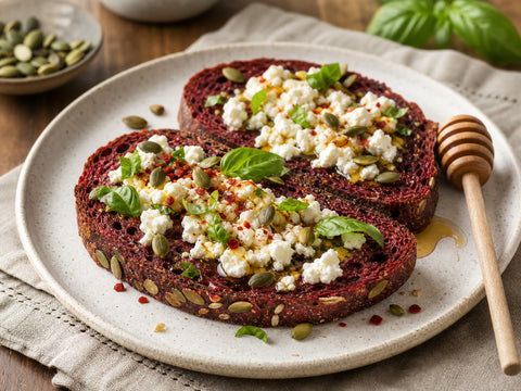 Rote-Beete-Brot Hot-Honey-Feta-Toast mit Feta, Chili, Kräutern und Honig