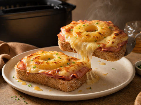 Toast Hawaii auf Dinkelvollkorn-Toast mit Ananas, goldbraunem Käse und sichtbarem Cheese-Pull