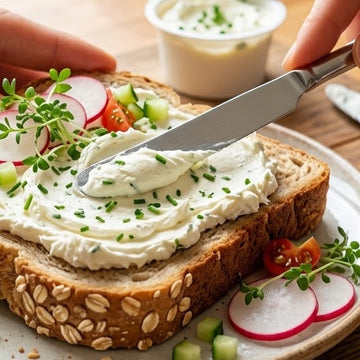 Scheibe Emmer-Power-Brot von Terjung mit Frischkäse, Radieschen und Kresse