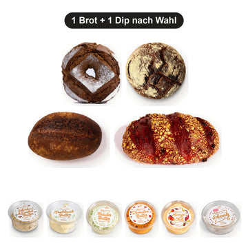 Brot & Dip nach Wahl von Terjung: Zwiebelring, Malzgraf, Bierbrot oder Rote-Beete-Brot mit Schinken-Zwiebel-Butter, Knoblauchbutter, Kräuterbutter, Tomatenbutter, Mango-Chili-Butter oder Schmalz
