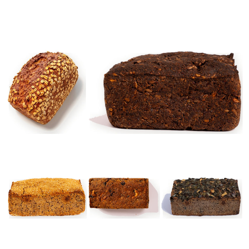 Kennenlernpaket Kernig von Terjung: Emmer-Power-Brot, Ölsaaten Otto, Saftkorn Lupine, Saftkornbrot Cashew-Cranberry und Saftkorn Kürbis-Mandel