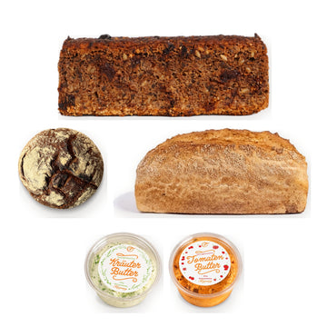 Kennenlernpaket Sauerteig von Terjung: Sauerteig Saftkorn Kirschbrot, Malzgraf, Dinkelvollkorn-Toast mit Sauerteig, Kräuterbutter und Tomatenbutter