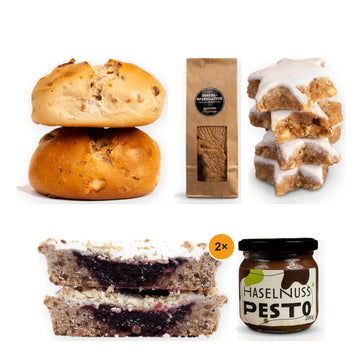 Weihnachtspaket Adventskaffee von Terjung: Rosinenstuten, Dinkelspekulatius, Zimtsterne, 2 Linzer Törtchen und Nuss-Nougat-Pesto